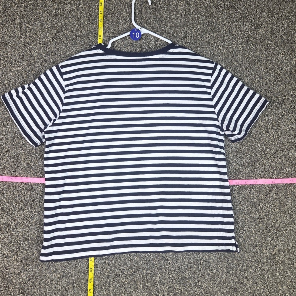 Free Assembly Striped Tee Women L Navy White Short Sleeve Crewneck Slit Hem